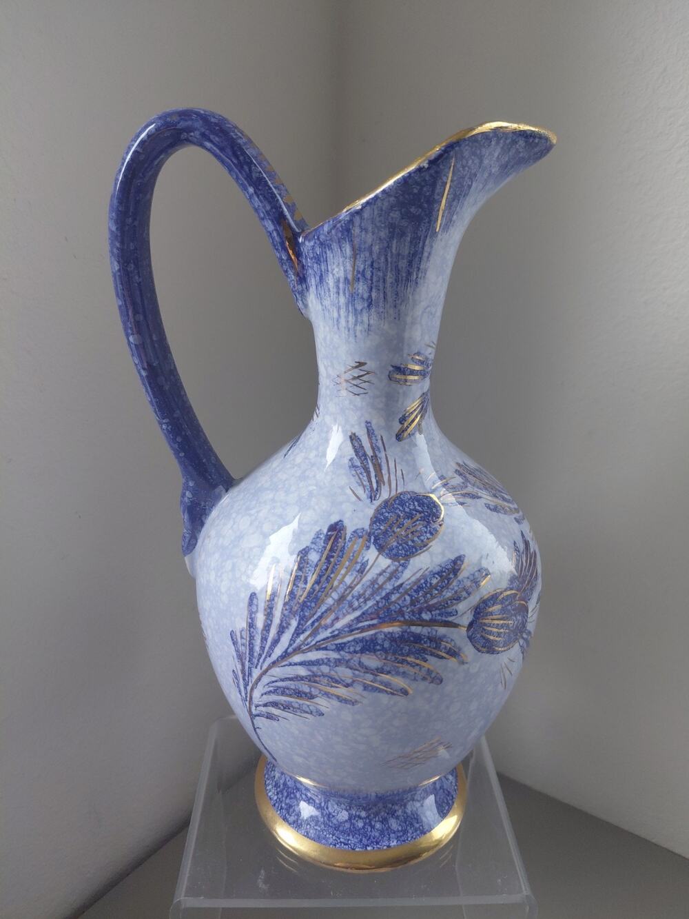 VTG Holland Pitcher Blue Gold Hand Painted Genie Bottle Handle Signed Capri MCM